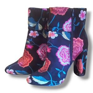 JustFab Marguerite Ankle Boot Women's Size 7 Embroidered Floral 4" Block Heel